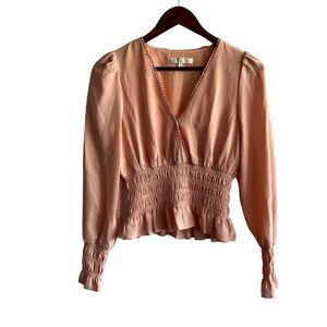 Wayf Peach Long Sleeve V Neck Top